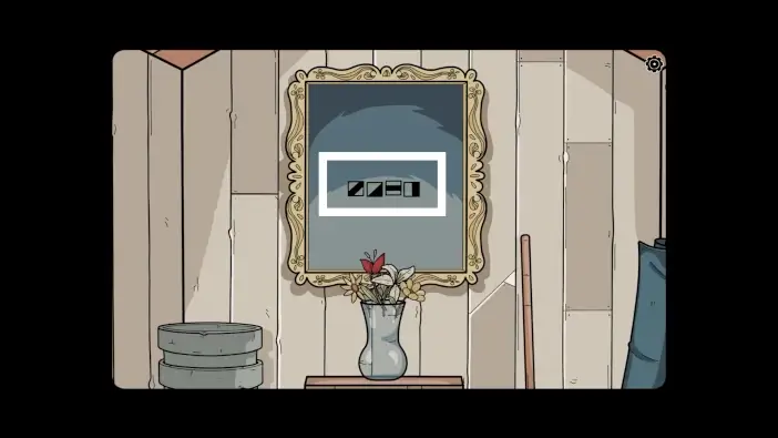 Four black geometric symbols revealed on the framed picture after all four flowers are placed into the shed vase.